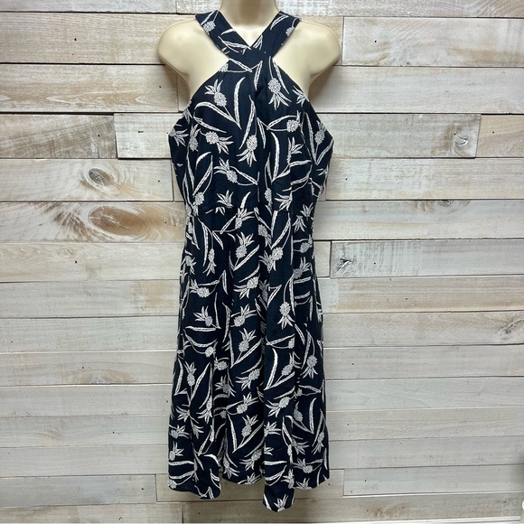 Ann Taylor Dress Womens 14 Blue White Linen Blend Halter Embroidered Pineapple - Picture 2 of 13